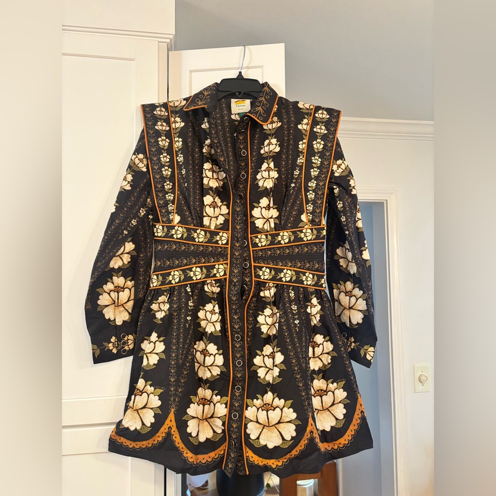Farm Rio Black Bold Flowers Long Sleeve Organic Cotton Mini Dress - Picture 4 of 8